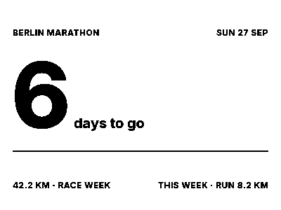 Berlin Marathon, Sun 27 Sep: 6 days to go, filling the screen, with 42.2 km · race week and this week’s run of 8.2 km along the bottom.